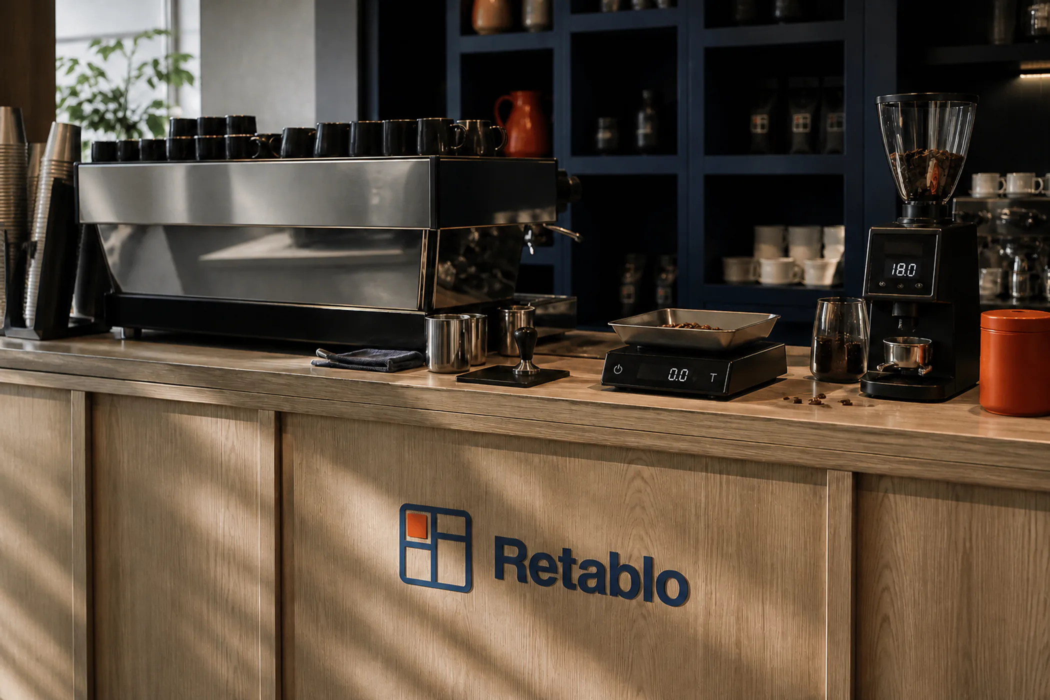 El mostrador de madera clara visto de frente, con la máquina de espresso a la izquierda y la balanza de grano a la derecha